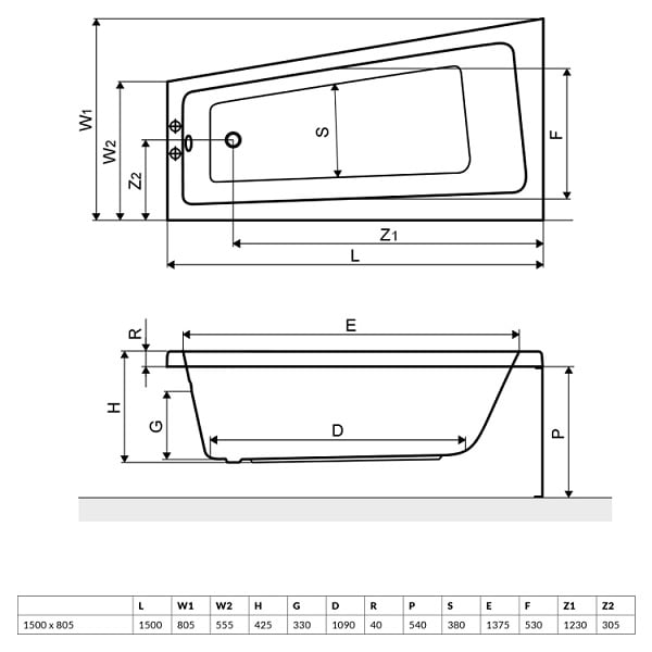 Чертеж Radaway Tilia 190x90 см (WA1-03-190x090U)