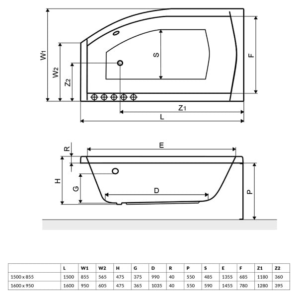 Чертеж Radaway Tilia 190x90 см (WA1-03-190x090U)