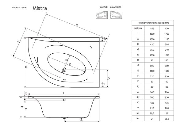 Чертеж Radaway Tilia 190x90 см (WA1-03-190x090U)
