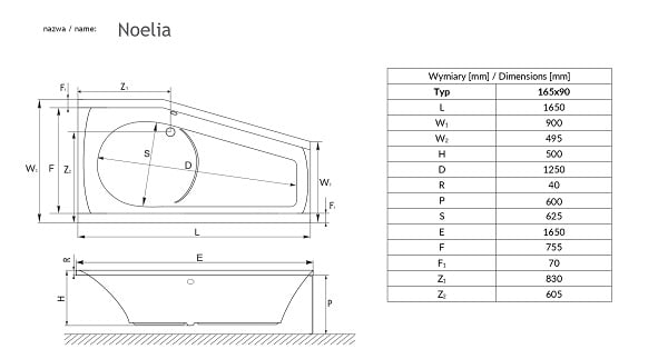 Чертеж Radaway Tilia 190x90 см (WA1-03-190x090U)