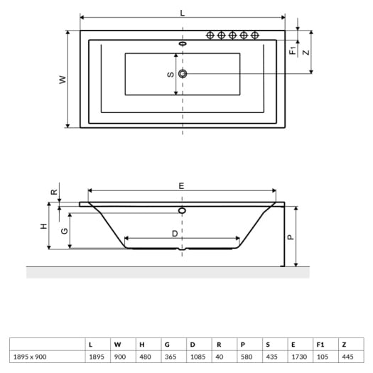 Чертеж Radaway Tilia 190x90 см (WA1-03-190x090U)