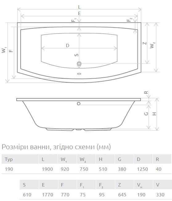 Чертеж Radaway Tilia 190x90 см (WA1-03-190x090U)