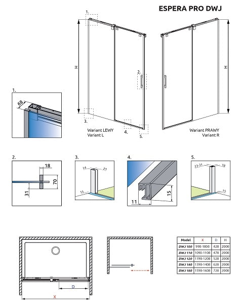 Чертеж душевой двери Radaway Espera DWJ 100L (380110-01L)