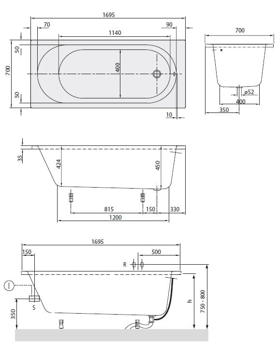 Чертеж Villeroy&Boch O.NOVO (UBA170CAS2V-01)