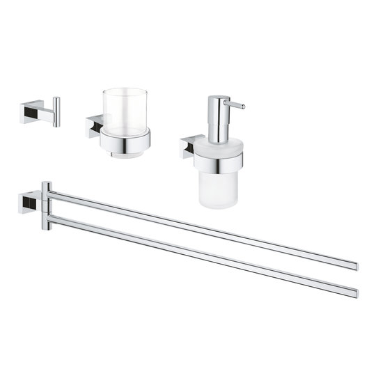 Набор аксессуаров для ванной комнаты 4 в1 Grohe Essentials Cube, хром (40847001) Дозаторы жидкого мыла, Крючки для халатов и полотенец, Мыльницы, Полотенцедержатели Grohe
