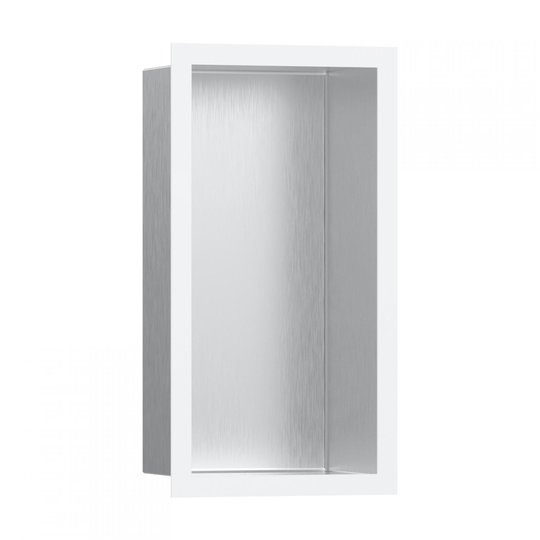 Настенная ниша с рамкой Hansgrohe XtraStoris Individual 30x15х10 см, нержавеющая сталь/белый матовый (56094700) Скрытые ниши Hansgrohe