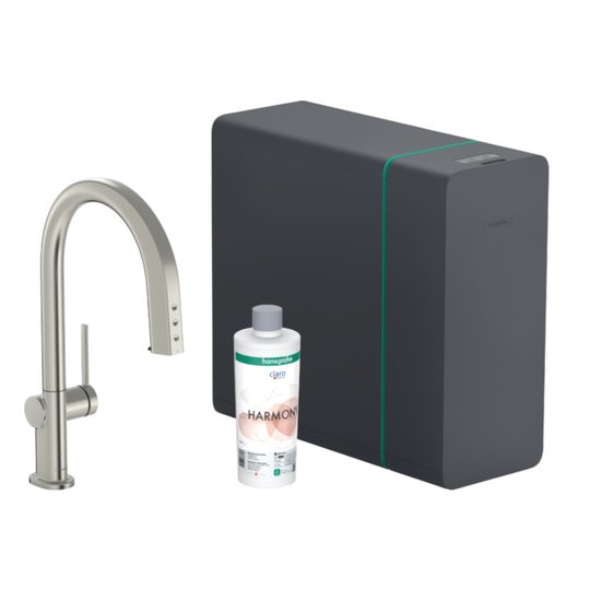 Смеситель для кухни Hansgrohe Aqittura M91 SodaSystem 210, выдвижной излив sBox стартовый набор, нержавеющая сталь (76838800) Для кухни Нержавеющая сталь