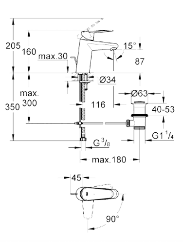 ЧертежGrohe Eurodisc Cosmopolitan (2338420E)