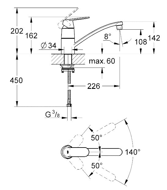 ЧертежGrohe Eurosmart Cosmopolitan (31170000)