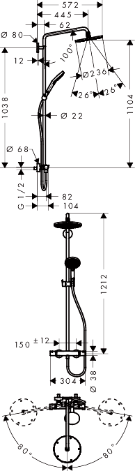ЧертежHansgrohe Raindance Select S 240 Showerpipe (27115000)