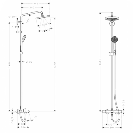 ЧертежHansgrohe Croma 220 Showerpipe (27223000)