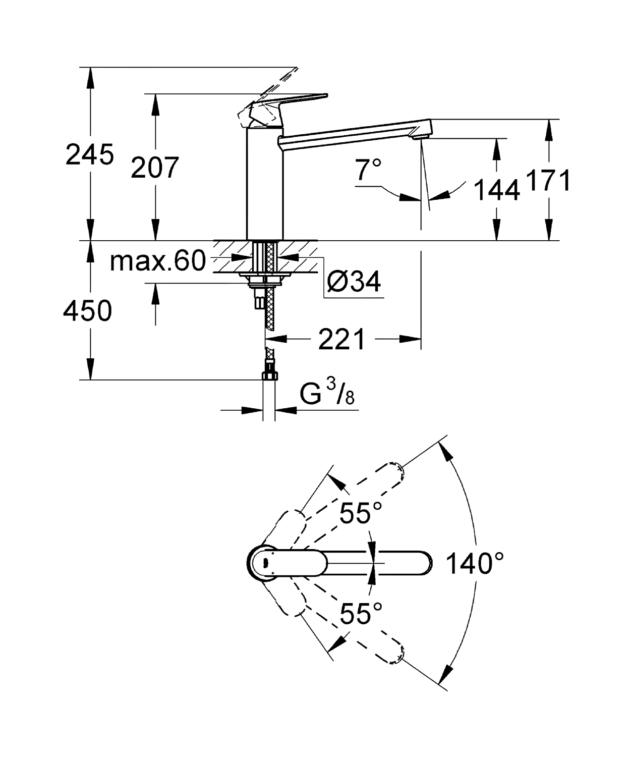 ЧертежGrohe Eurosmart cosmopolitan (30193000)