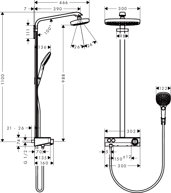 ЧертежHansgrohe Raindance Select E 300 2jet Showerpipe (27126000)