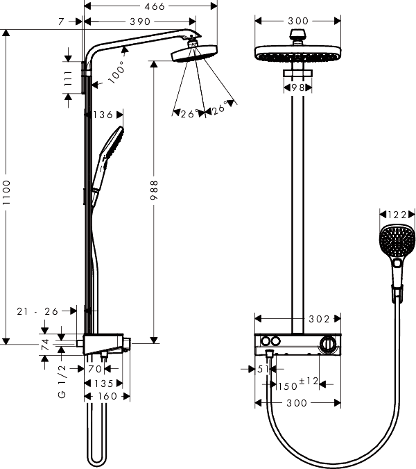 ЧертежHansgrohe Raindance Select E 300 2jet Showerpipe (27126400)