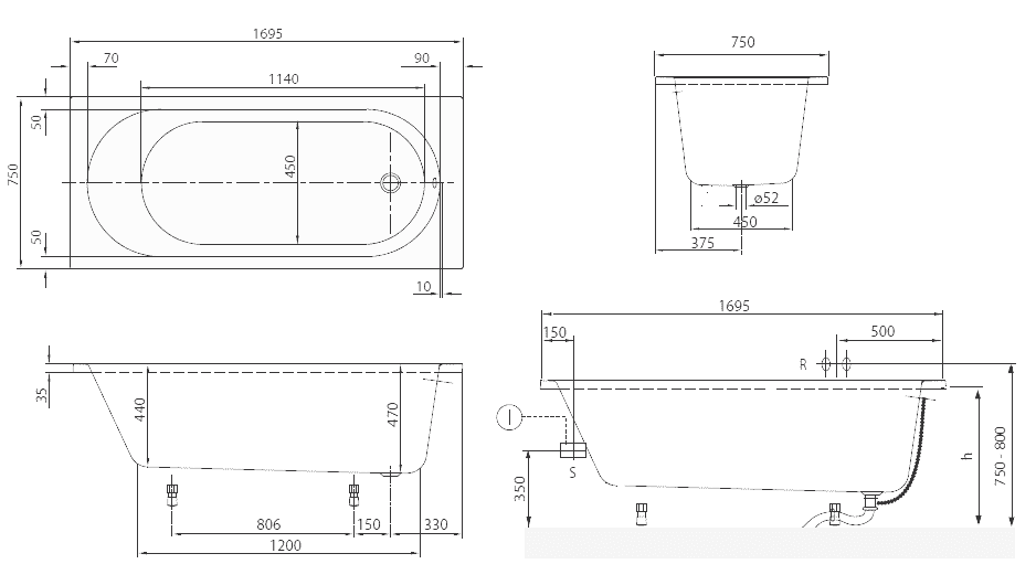 Чертеж Villeroy&Boch O.NOVO (UBA170CAS2V-01)