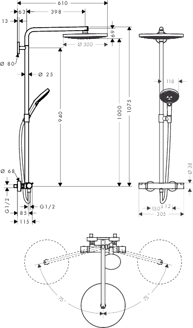ЧертежHansgrohe Raindance Select S 300 2jet Showerpipe (27133000)