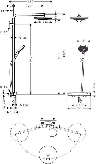ЧертежHansgrohe Raindance Select S 240 2jet Showerpipe (27129400)