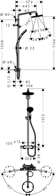ЧертежHansgrohe Raindance Select S 240 Showerpipe EcoSmart (27116000)
