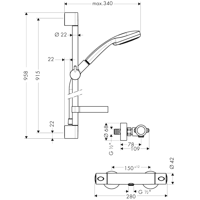 ЧертежHansgrohe Croma 100/Ecostat 1001 SL (27085000)
