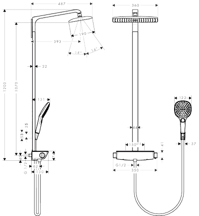 ЧертежHansgrohe Raindance Select E 360 Showerpipe EcoSmart (27286400)