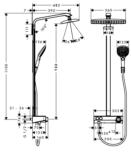 ЧертежHansgrohe Raindance Select E 360 ST Showerpipe (27288000)